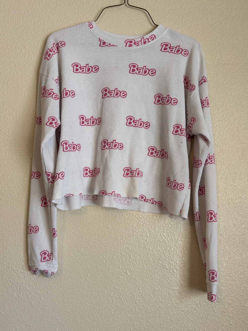 Chemistry White Waffle Knit Crewneck Sweater with Pink "Babe" Print